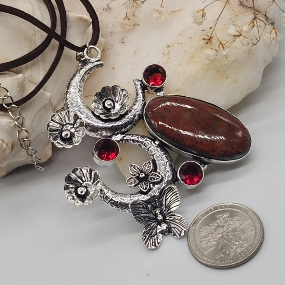 Moon Silver 925 Necklace Pendant Natural Agate Cabochon Stone Leather Necklace